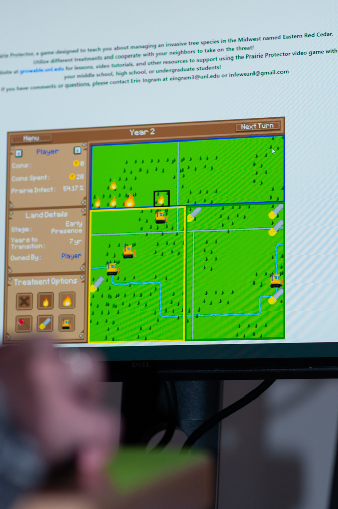 A computer monitor displaying Prairie Protector video game.